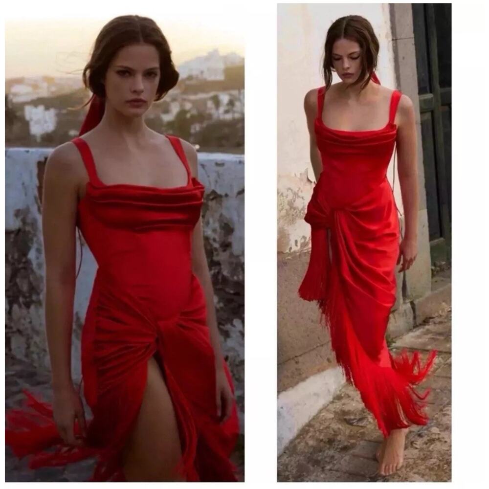 For Love & Lemons Red Anisa Silk Fringe Draped Midi Dress Size Medium